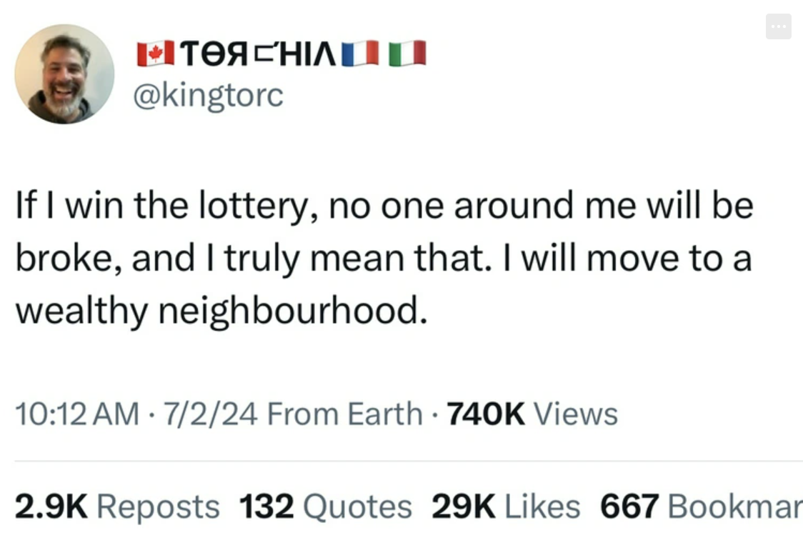 screenshot - If I win the lottery, no one around me will be broke, and I truly mean that. I will move to a wealthy neighbourhood. 7224 From Earth Views . Reposts 132 Quotes 29K 667 Bookmar